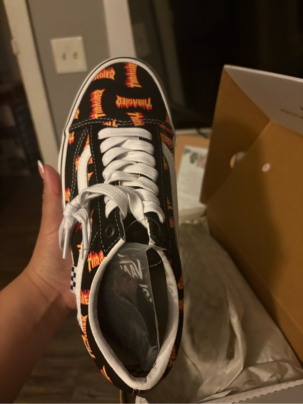 Thrasher Skate Old Skool Box Label - Black with Orange/Yellow Flame Graphic